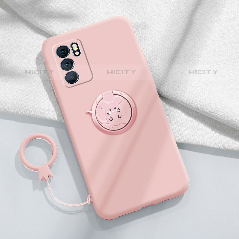 Silikon Hülle Handyhülle Ultra Dünn Schutzhülle Tasche Flexible mit Magnetisch Fingerring Ständer S03 für Oppo Reno6 5G Rosa