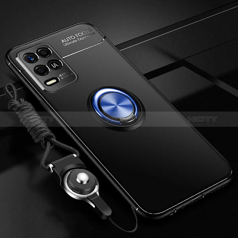 Silikon Hülle Handyhülle Ultra Dünn Schutzhülle Tasche Flexible mit Magnetisch Fingerring Ständer SD3 für Realme 8 5G Blau und Schwarz Plus
