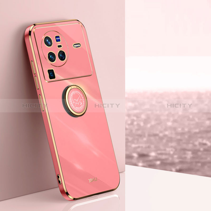 Silikon Hülle Handyhülle Ultra Dünn Schutzhülle Tasche Flexible mit Magnetisch Fingerring Ständer XL1 für Vivo X80 Pro 5G Pink Plus