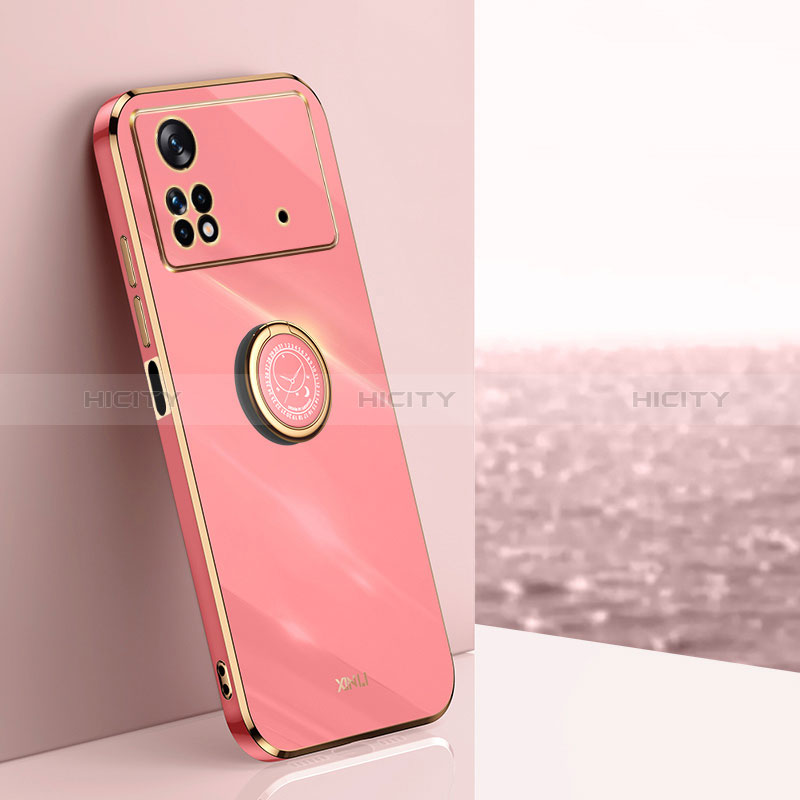 Silikon Hülle Handyhülle Ultra Dünn Schutzhülle Tasche Flexible mit Magnetisch Fingerring Ständer XL1 für Xiaomi Poco M4 Pro 4G Pink