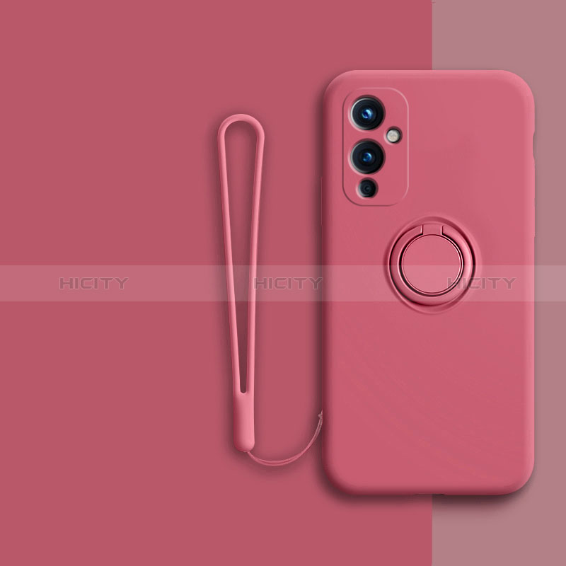 Silikon Hülle Handyhülle Ultra Dünn Schutzhülle Tasche Flexible mit Magnetisch Fingerring Ständer Z01 für OnePlus 9 5G Pink