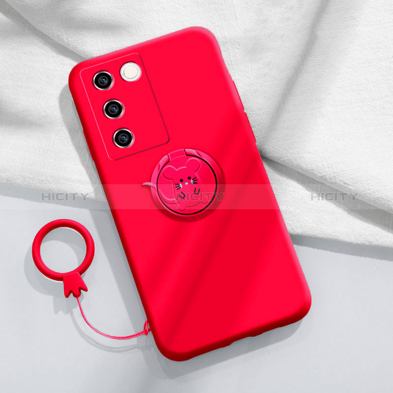 Silikon Hülle Handyhülle Ultra Dünn Schutzhülle Tasche Flexible mit Magnetisch Fingerring Ständer Z01 für Vivo V27 Pro 5G Rot Plus