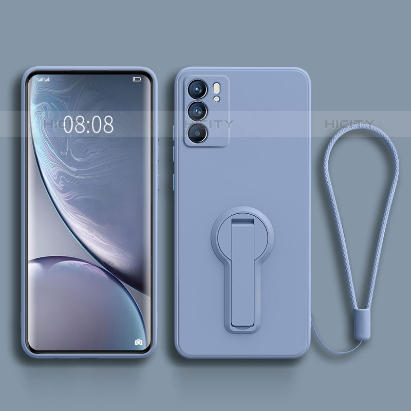 Silikon Hülle Handyhülle Ultra Dünn Schutzhülle Tasche Flexible mit Ständer für Oppo Reno6 5G Lavendel Grau