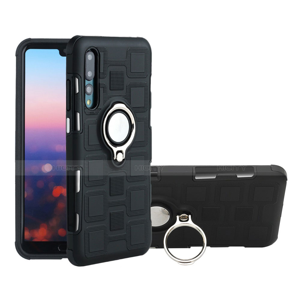 Silikon Hülle Handyhülle Ultra Dünn Schutzhülle Tasche Silikon mit Magnetisch Fingerring Ständer A01 für Huawei P20 Pro Schwarz Plus