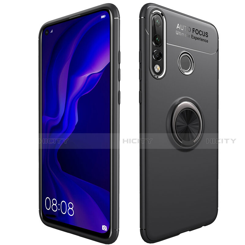 Silikon Hülle Handyhülle Ultra Dünn Schutzhülle Tasche Silikon mit Magnetisch Fingerring Ständer für Huawei Nova 4e Schwarz