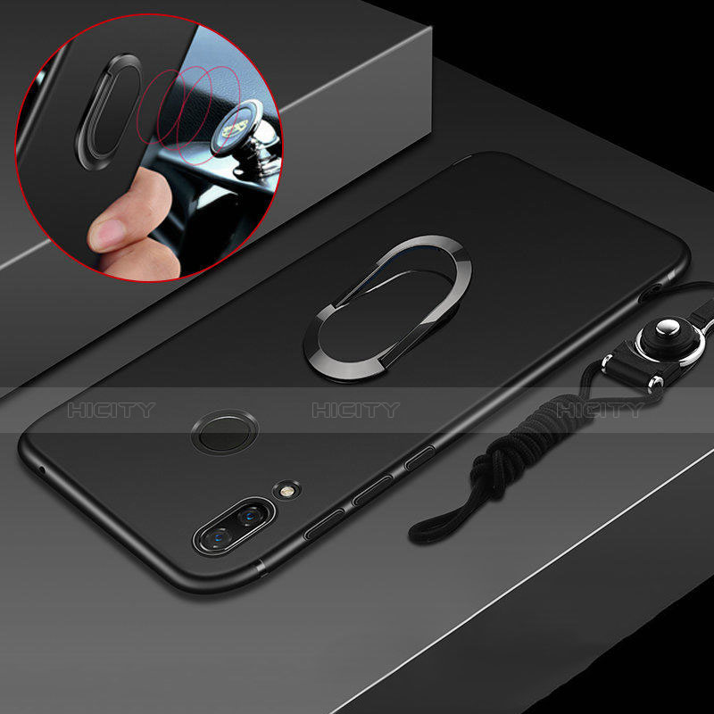 Silikon Hülle Handyhülle Ultra Dünn Schutzhülle Tasche Silikon mit Magnetisch Fingerring Ständer für Huawei P Smart+ Plus Schwarz