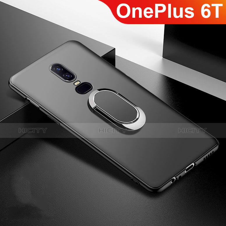 Silikon Hülle Handyhülle Ultra Dünn Schutzhülle Tasche Silikon mit Magnetisch Fingerring Ständer für OnePlus 6T Schwarz