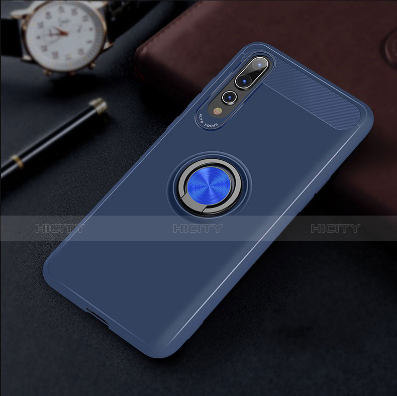 Silikon Hülle Handyhülle Ultra Dünn Schutzhülle Tasche Silikon mit Magnetisch Fingerring Ständer S01 für Huawei P20 Pro Blau