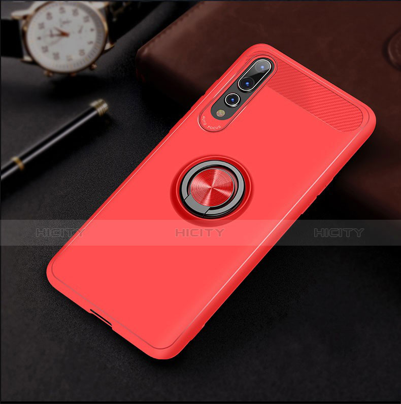 Silikon Hülle Handyhülle Ultra Dünn Schutzhülle Tasche Silikon mit Magnetisch Fingerring Ständer S01 für Huawei P20 Pro Rot Plus