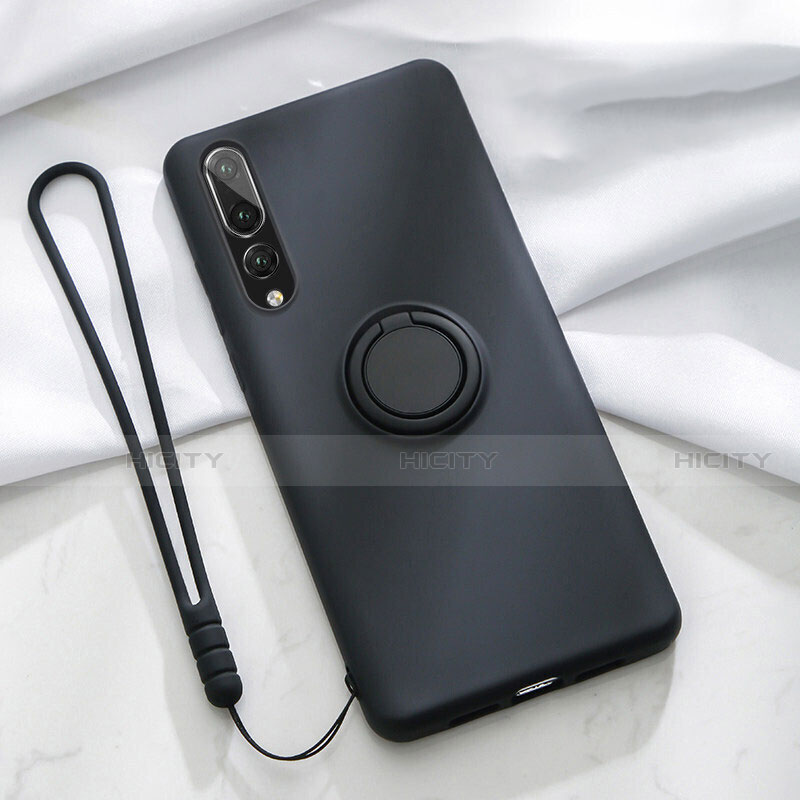 Silikon Hülle Handyhülle Ultra Dünn Schutzhülle Tasche Silikon mit Magnetisch Fingerring Ständer T01 für Huawei P20 Pro Schwarz