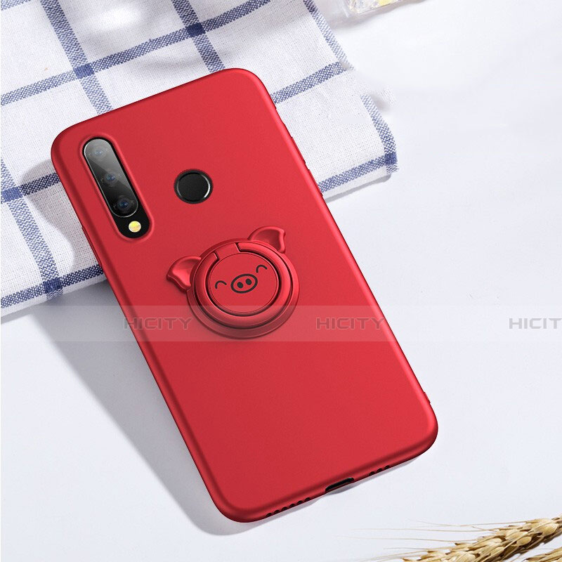 Silikon Hülle Handyhülle Ultra Dünn Schutzhülle Tasche Silikon mit Magnetisch Fingerring Ständer T02 für Huawei Honor 20E Rot