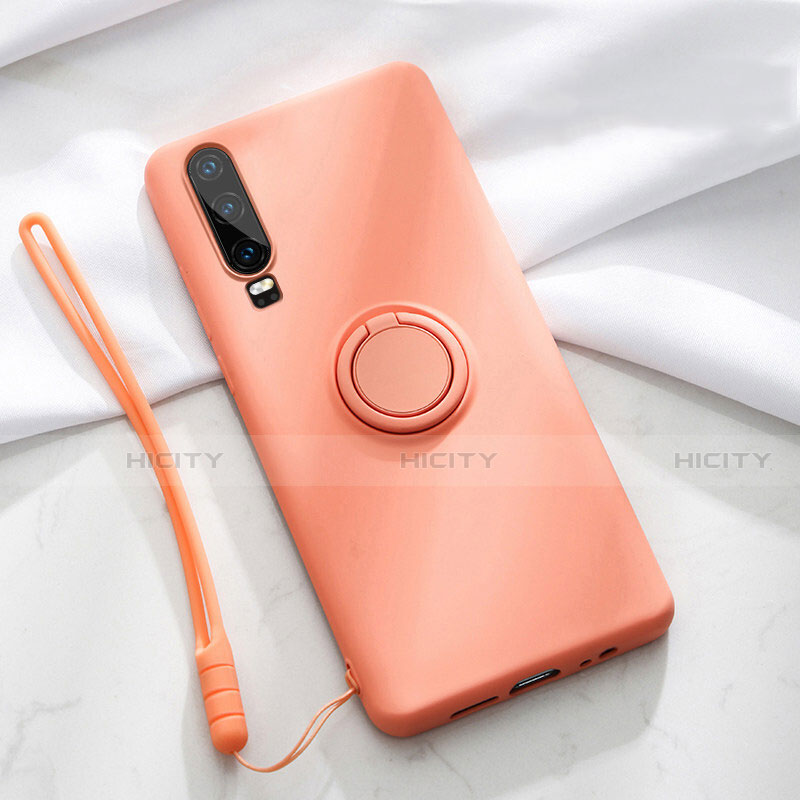 Silikon Hülle Handyhülle Ultra Dünn Schutzhülle Tasche Silikon mit Magnetisch Fingerring Ständer T02 für Huawei P30 Orange