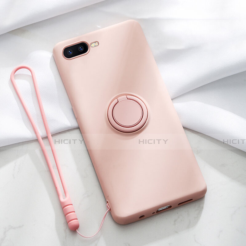 Silikon Hülle Handyhülle Ultra Dünn Schutzhülle Tasche Silikon mit Magnetisch Fingerring Ständer T02 für Oppo K1 Rosa