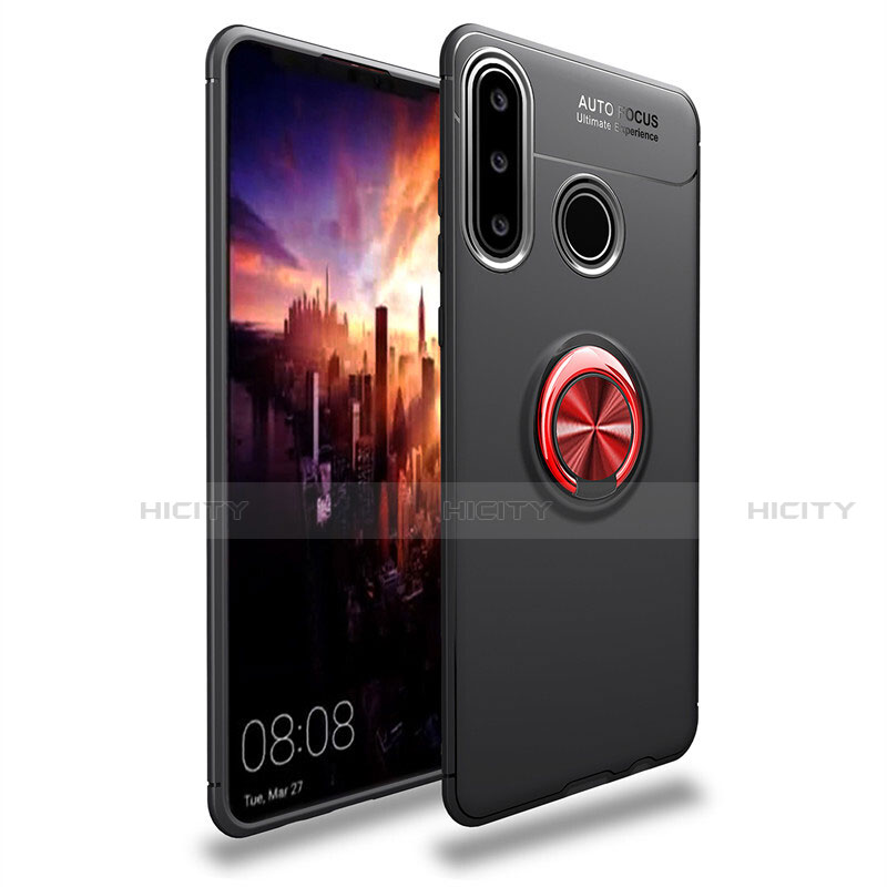 Silikon Hülle Handyhülle Ultra Dünn Schutzhülle Tasche Silikon mit Magnetisch Fingerring Ständer T03 für Huawei P30 Lite Rot und Schwarz