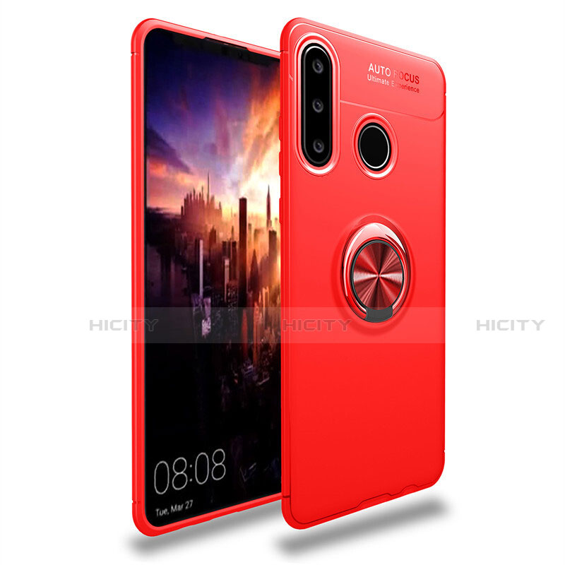 Silikon Hülle Handyhülle Ultra Dünn Schutzhülle Tasche Silikon mit Magnetisch Fingerring Ständer T03 für Huawei P30 Lite XL Rot