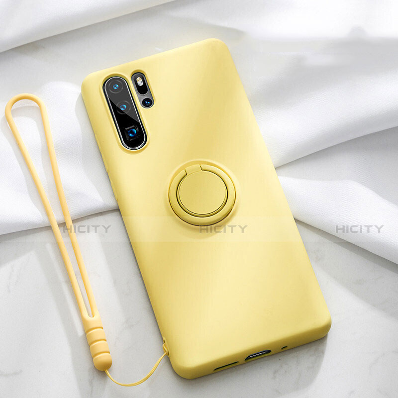 Silikon Hülle Handyhülle Ultra Dünn Schutzhülle Tasche Silikon mit Magnetisch Fingerring Ständer T03 für Huawei P30 Pro New Edition Gelb