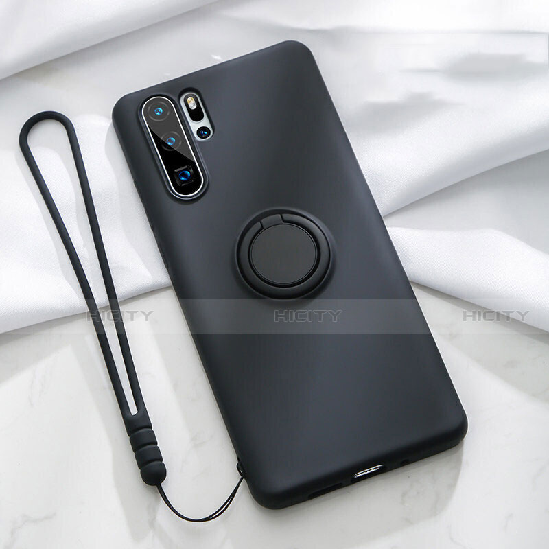 Silikon Hülle Handyhülle Ultra Dünn Schutzhülle Tasche Silikon mit Magnetisch Fingerring Ständer T03 für Huawei P30 Pro Schwarz