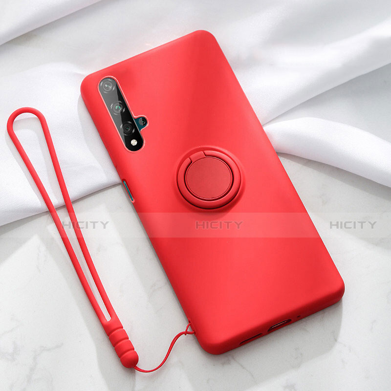 Silikon Hülle Handyhülle Ultra Dünn Schutzhülle Tasche Silikon mit Magnetisch Fingerring Ständer T06 für Huawei Honor 20 Rot Plus