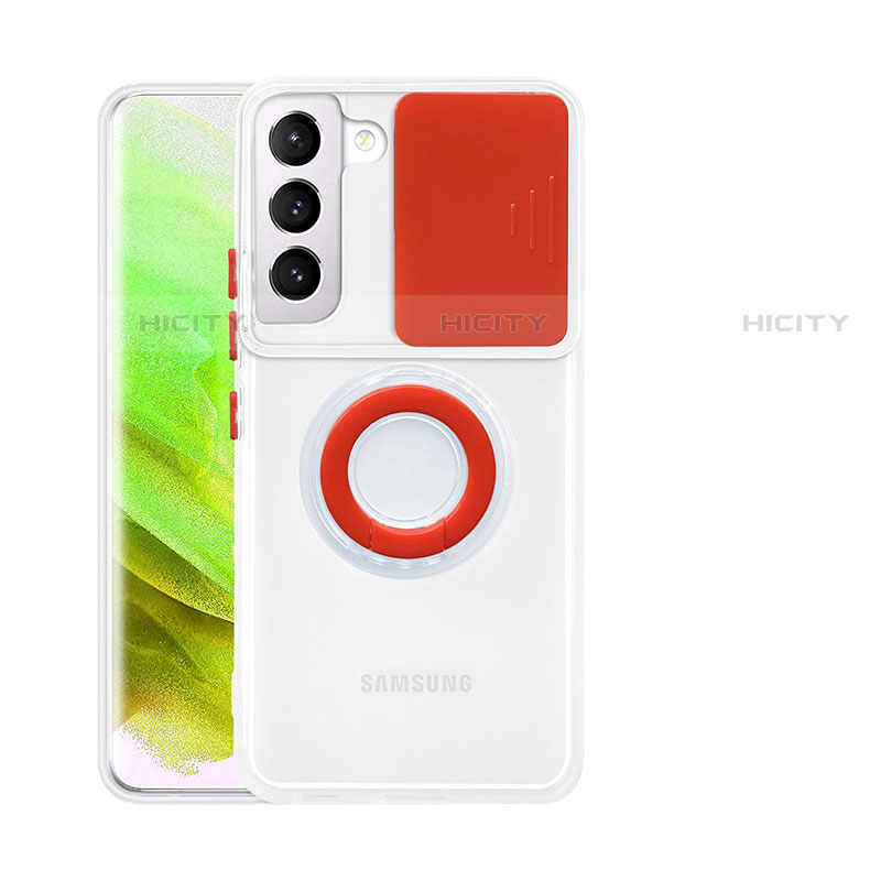 Silikon Hülle Handyhülle Ultradünn Schutzhülle Flexible Tasche Durchsichtig Transparent mit Fingerring Ständer S01 für Samsung Galaxy S21 FE 5G Rot Plus