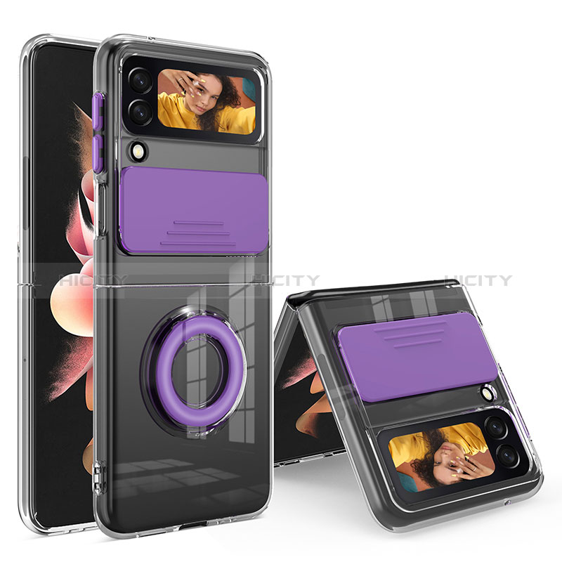 Silikon Hülle Handyhülle Ultradünn Schutzhülle Flexible Tasche Durchsichtig Transparent mit Fingerring Ständer S01 für Samsung Galaxy Z Flip3 5G Violett Plus