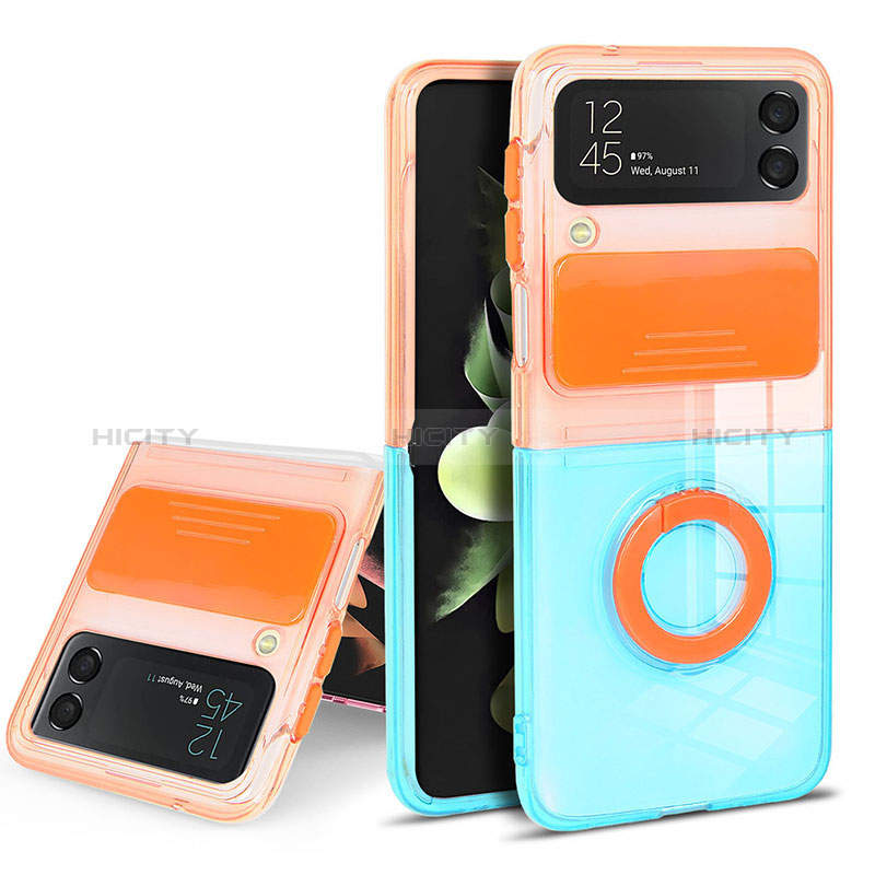 Silikon Hülle Handyhülle Ultradünn Schutzhülle Flexible Tasche Durchsichtig Transparent mit Fingerring Ständer S02 für Samsung Galaxy Z Flip3 5G Orange