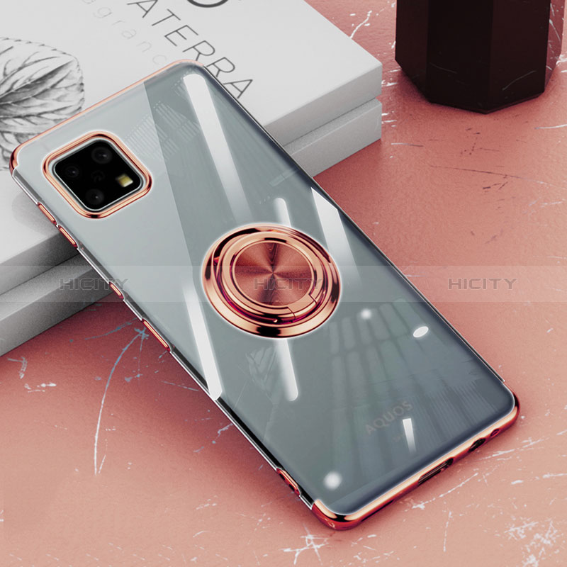 Silikon Hülle Handyhülle Ultradünn Schutzhülle Flexible Tasche Durchsichtig Transparent mit Magnetisch Fingerring Ständer AN1 für Sharp Aquos Sense6 Rosegold Plus