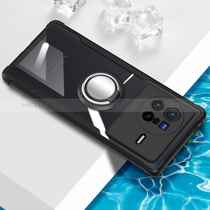Silikon Hülle Handyhülle Ultradünn Schutzhülle Flexible Tasche Durchsichtig Transparent mit Magnetisch Fingerring Ständer BH1 für Vivo X80 5G Schwarz