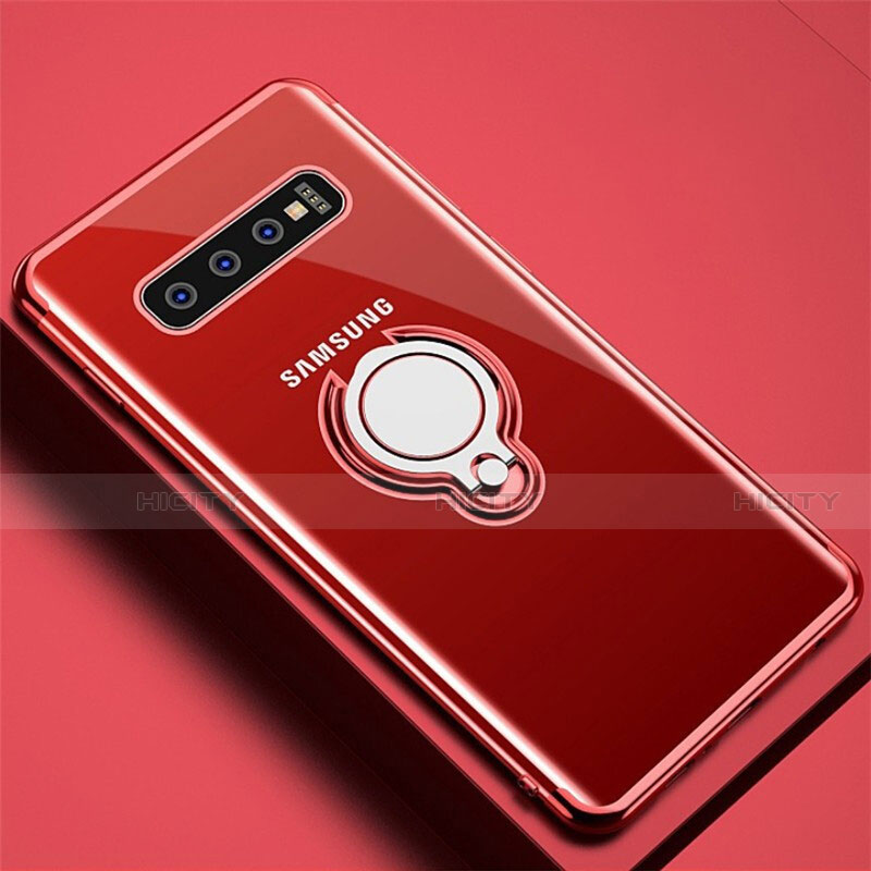 Silikon Hülle Handyhülle Ultradünn Schutzhülle Flexible Tasche Durchsichtig Transparent mit Magnetisch Fingerring Ständer C02 für Samsung Galaxy S10 5G Rot Plus