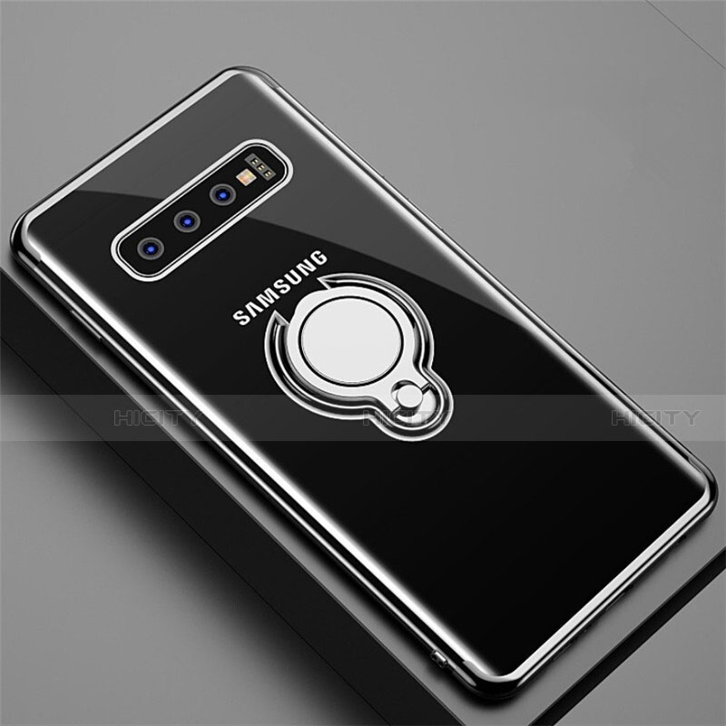 Silikon Hülle Handyhülle Ultradünn Schutzhülle Flexible Tasche Durchsichtig Transparent mit Magnetisch Fingerring Ständer C02 für Samsung Galaxy S10 5G Schwarz