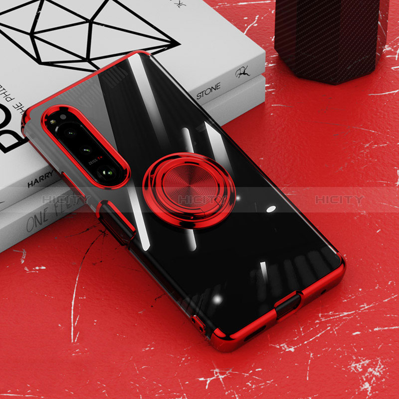 Silikon Hülle Handyhülle Ultradünn Schutzhülle Flexible Tasche Durchsichtig Transparent mit Magnetisch Fingerring Ständer für Sony Xperia 1 IV Rot