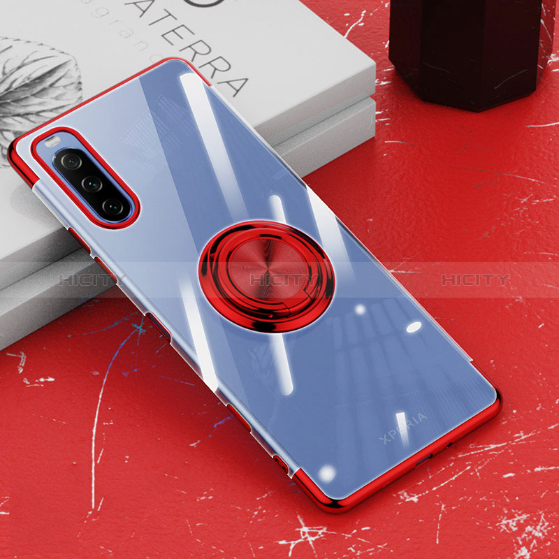 Silikon Hülle Handyhülle Ultradünn Schutzhülle Flexible Tasche Durchsichtig Transparent mit Magnetisch Fingerring Ständer für Sony Xperia 10 III Lite Rot