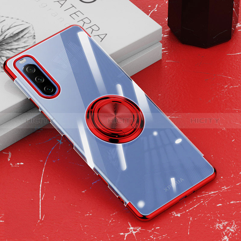 Silikon Hülle Handyhülle Ultradünn Schutzhülle Flexible Tasche Durchsichtig Transparent mit Magnetisch Fingerring Ständer für Sony Xperia 10 III SO-52B Rot