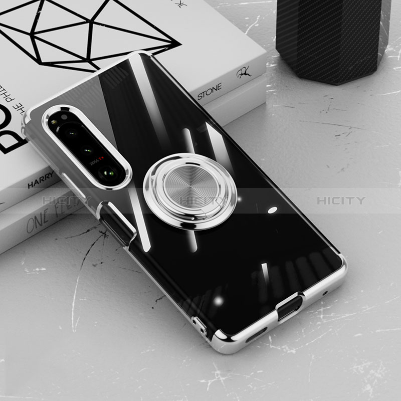 Silikon Hülle Handyhülle Ultradünn Schutzhülle Flexible Tasche Durchsichtig Transparent mit Magnetisch Fingerring Ständer für Sony Xperia 10 IV Silber