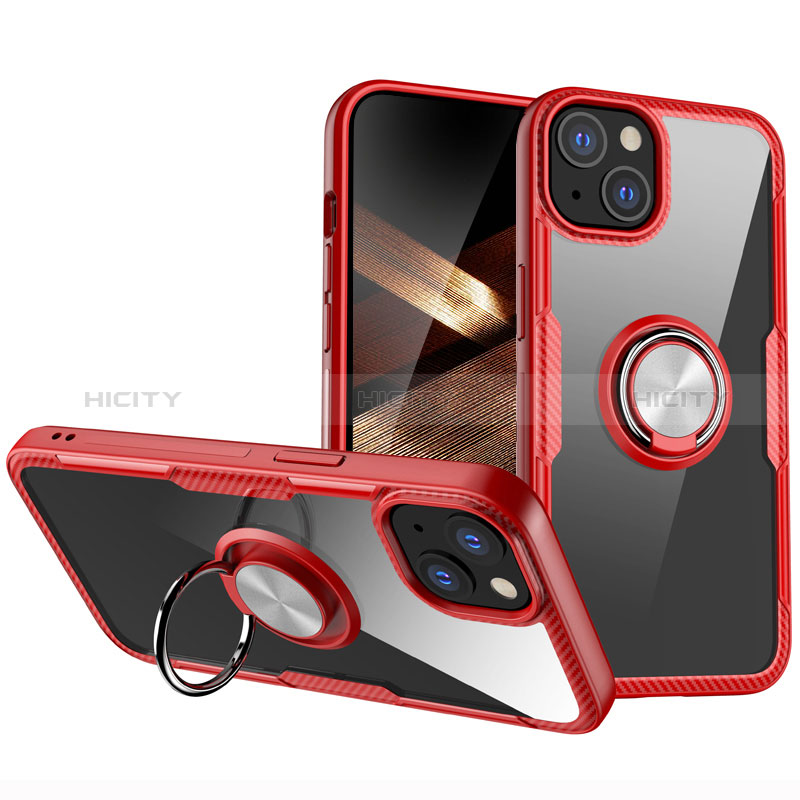 Silikon Hülle Handyhülle Ultradünn Schutzhülle Flexible Tasche Durchsichtig Transparent mit Magnetisch Fingerring Ständer S01 für Apple iPhone 15 Rot Plus