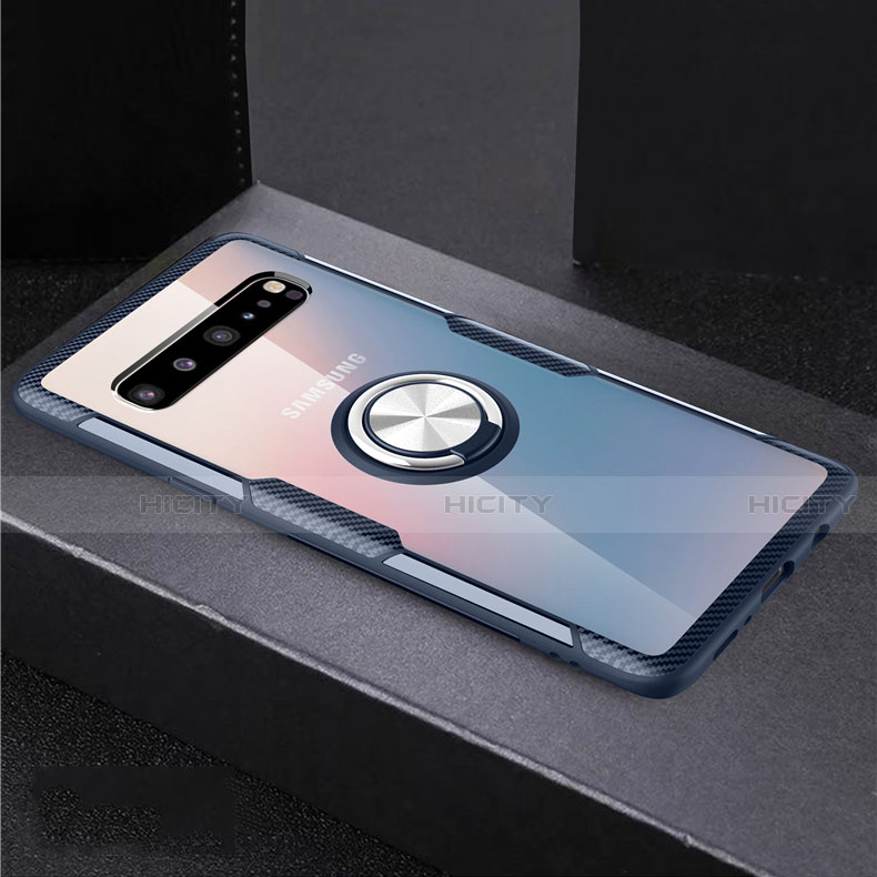 Silikon Hülle Handyhülle Ultradünn Schutzhülle Flexible Tasche Durchsichtig Transparent mit Magnetisch Fingerring Ständer S01 für Samsung Galaxy S10 5G SM-G977B Blau