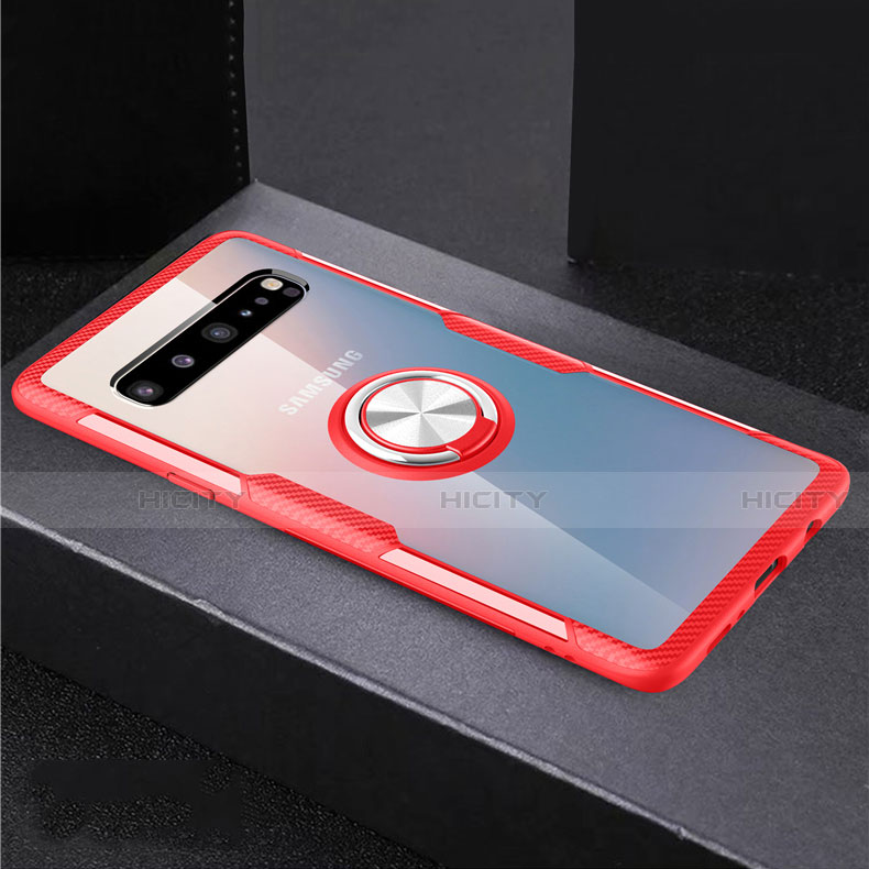 Silikon Hülle Handyhülle Ultradünn Schutzhülle Flexible Tasche Durchsichtig Transparent mit Magnetisch Fingerring Ständer S01 für Samsung Galaxy S10 5G SM-G977B Rot