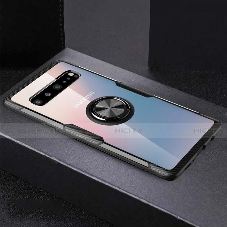 Silikon Hülle Handyhülle Ultradünn Schutzhülle Flexible Tasche Durchsichtig Transparent mit Magnetisch Fingerring Ständer S01 für Samsung Galaxy S10 5G SM-G977B Schwarz