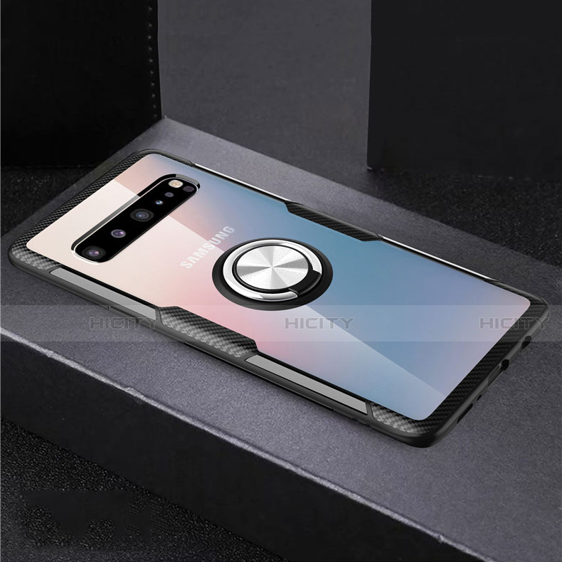 Silikon Hülle Handyhülle Ultradünn Schutzhülle Flexible Tasche Durchsichtig Transparent mit Magnetisch Fingerring Ständer S01 für Samsung Galaxy S10 5G SM-G977B Silber und Schwarz