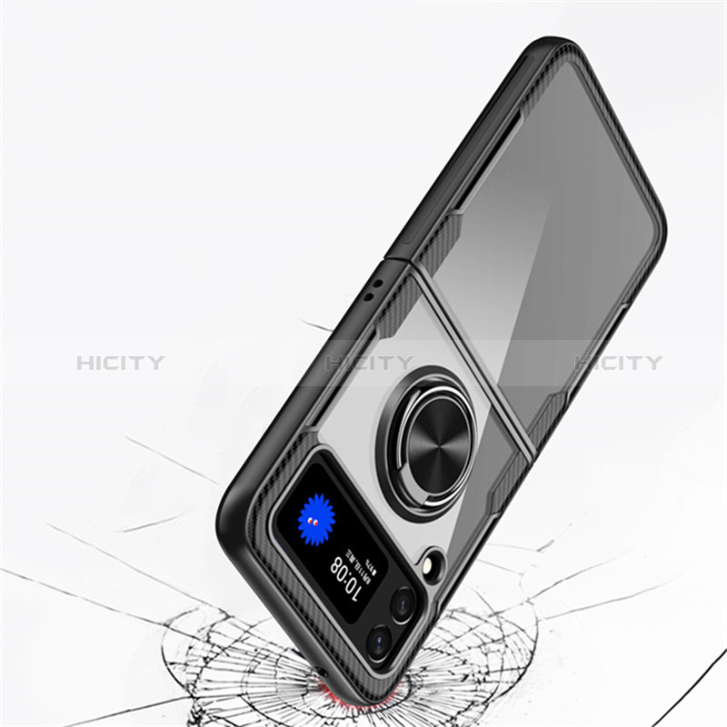 Silikon Hülle Handyhülle Ultradünn Schutzhülle Flexible Tasche Durchsichtig Transparent mit Magnetisch Fingerring Ständer S01 für Samsung Galaxy Z Flip3 5G