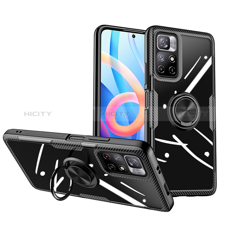 Silikon Hülle Handyhülle Ultradünn Schutzhülle Flexible Tasche Durchsichtig Transparent mit Magnetisch Fingerring Ständer ZL1 für Xiaomi Poco M4 Pro 5G Schwarz