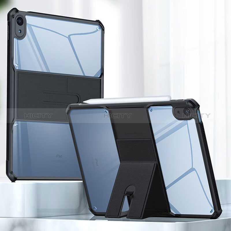 Silikon Hülle Handyhülle Ultradünn Schutzhülle Flexible Tasche Durchsichtig Transparent mit Ständer S02 für Apple iPad 10.9 (2022) Schwarz