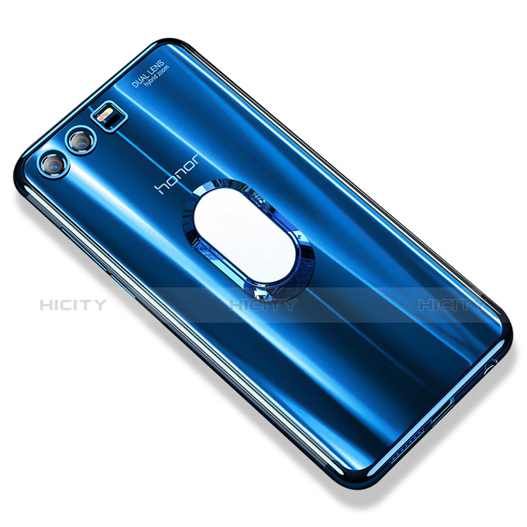 Silikon Hülle Handyhülle Ultradünn Schutzhülle Tasche Durchsichtig Transparent mit Fingerring Ständer S01 für Huawei Honor 9 Premium Blau Plus