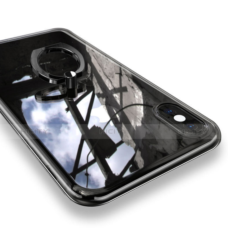 Silikon Hülle Handyhülle Ultradünn Schutzhülle Tasche Durchsichtig Transparent mit Fingerring Ständer V01 für Apple iPhone X Schwarz