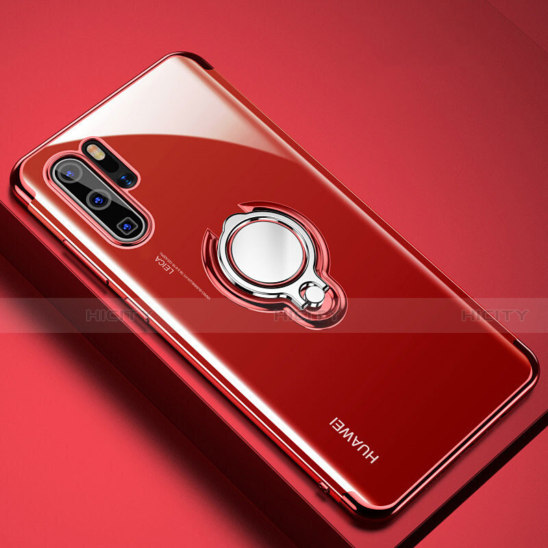 Silikon Hülle Handyhülle Ultradünn Schutzhülle Tasche Durchsichtig Transparent mit Magnetisch Fingerring Ständer C01 für Huawei P30 Pro Rot Plus