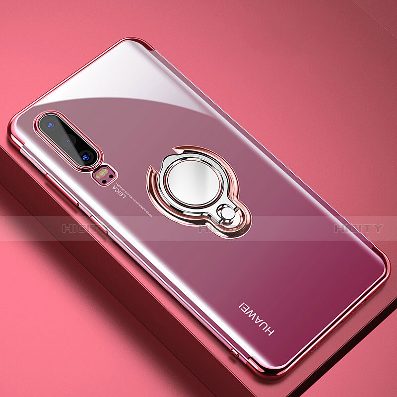 Silikon Hülle Handyhülle Ultradünn Schutzhülle Tasche Durchsichtig Transparent mit Magnetisch Fingerring Ständer C01 für Huawei P30 Rosegold