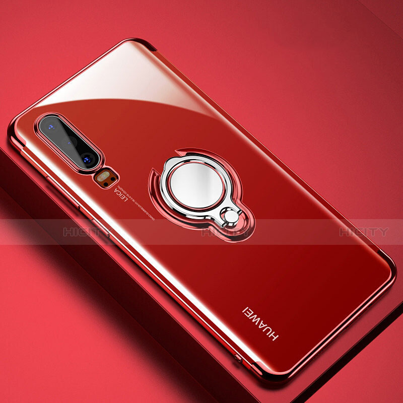 Silikon Hülle Handyhülle Ultradünn Schutzhülle Tasche Durchsichtig Transparent mit Magnetisch Fingerring Ständer C01 für Huawei P30 Rot