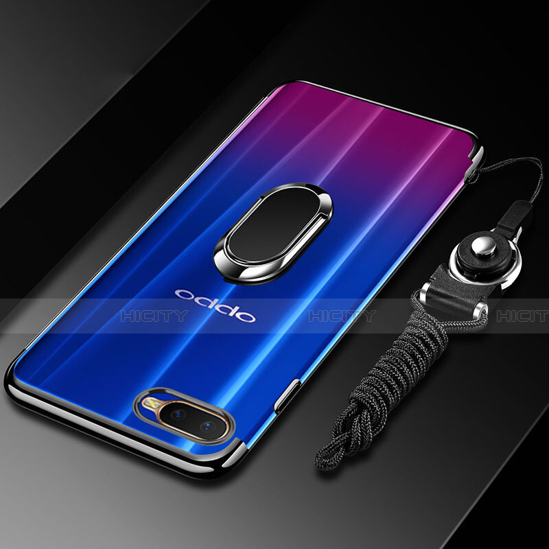 Silikon Hülle Handyhülle Ultradünn Schutzhülle Tasche Durchsichtig Transparent mit Magnetisch Fingerring Ständer C01 für Oppo K1 Schwarz Plus