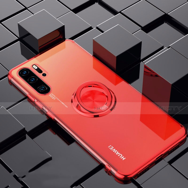 Silikon Hülle Handyhülle Ultradünn Schutzhülle Tasche Durchsichtig Transparent mit Magnetisch Fingerring Ständer C02 für Huawei P30 Pro New Edition Rot