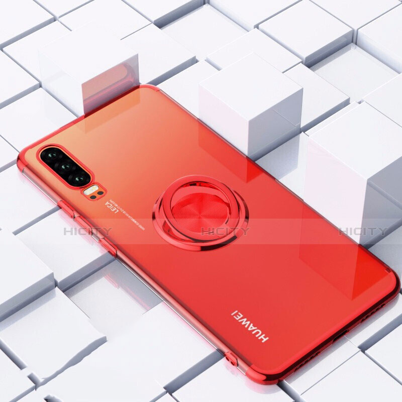 Silikon Hülle Handyhülle Ultradünn Schutzhülle Tasche Durchsichtig Transparent mit Magnetisch Fingerring Ständer C02 für Huawei P30 Rot Plus