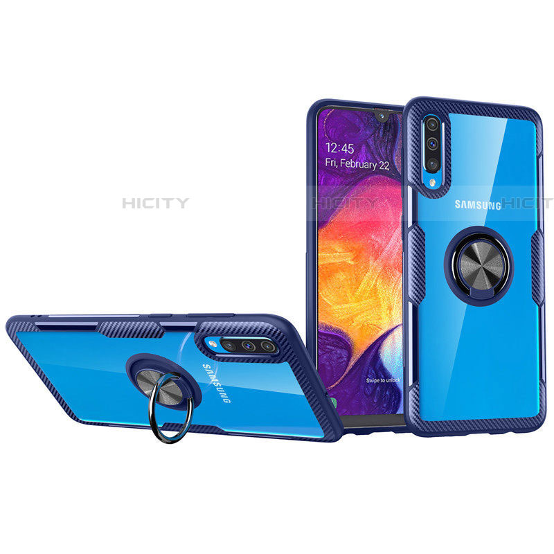 Silikon Hülle Handyhülle Ultradünn Schutzhülle Tasche Durchsichtig Transparent mit Magnetisch Fingerring Ständer C02 für Samsung Galaxy A70 Blau